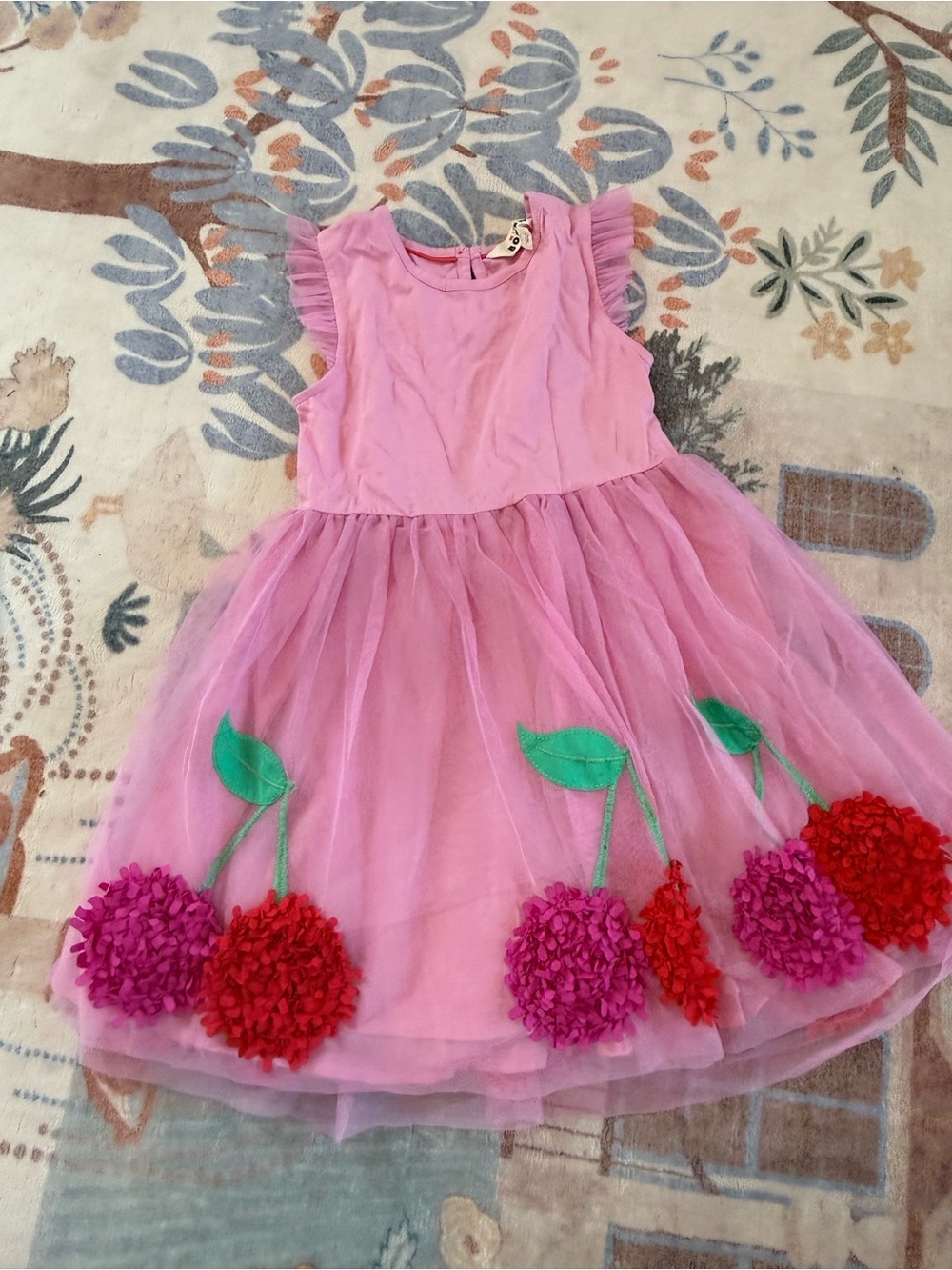 Mini Boden Pink Tulle Dress with Red and Magenta Floral Appliqués